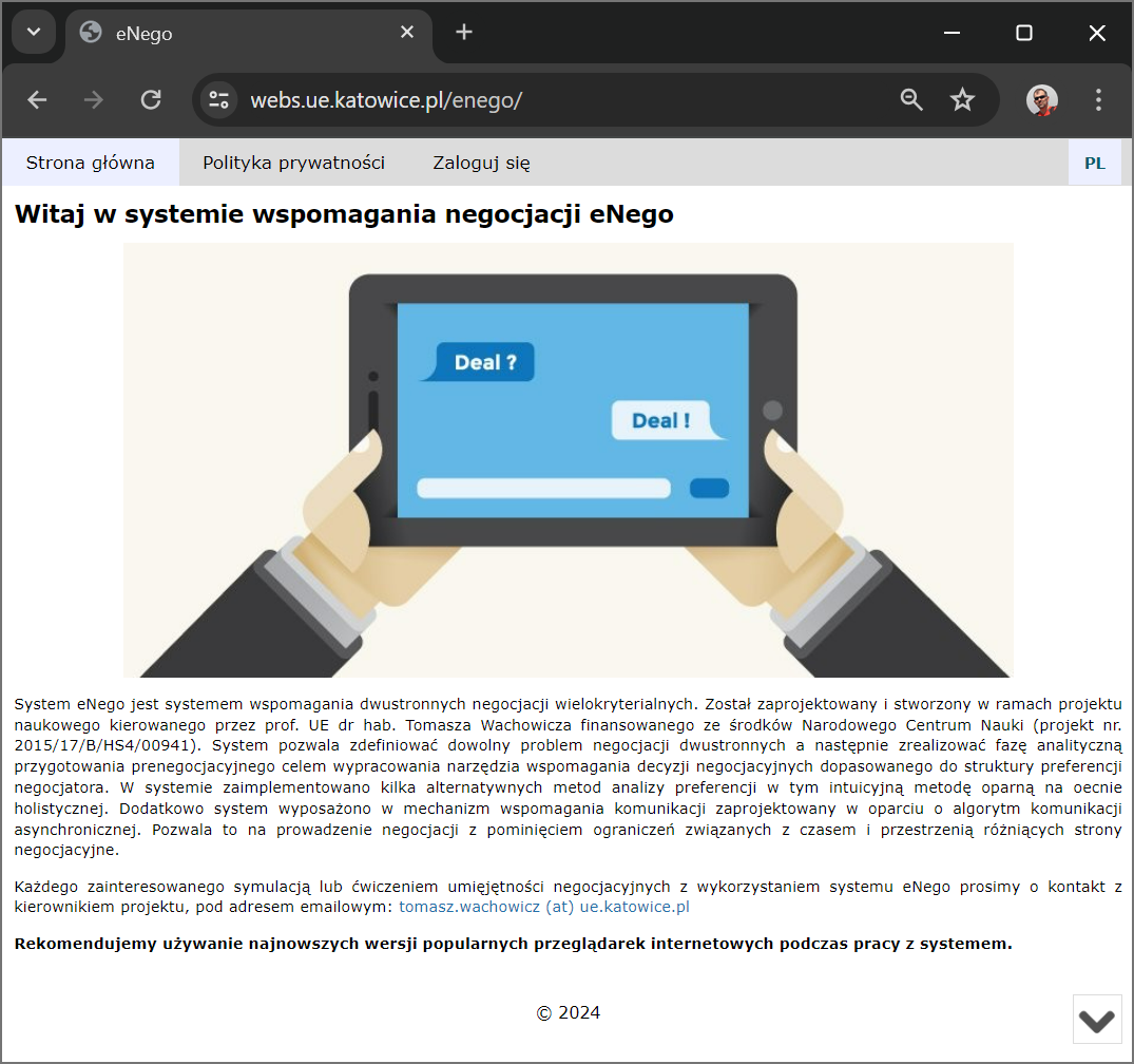 System eNego, strona główna