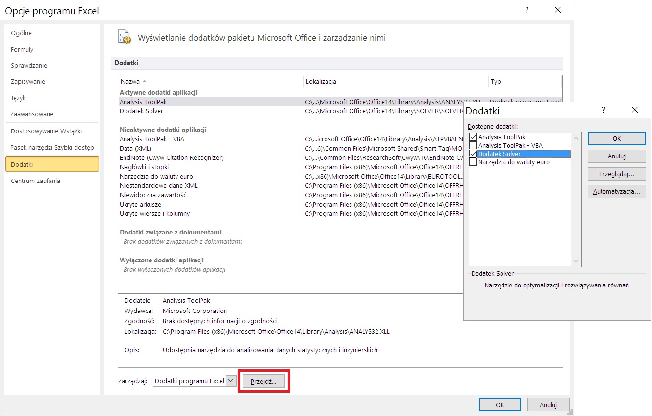 Zarządzanie dodatkami Excel